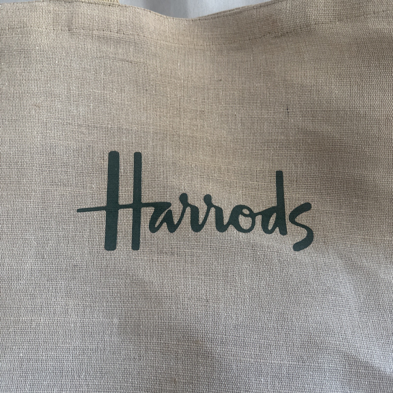 Harrods of London Jute Tote Bag. New with tags, beige with green logo