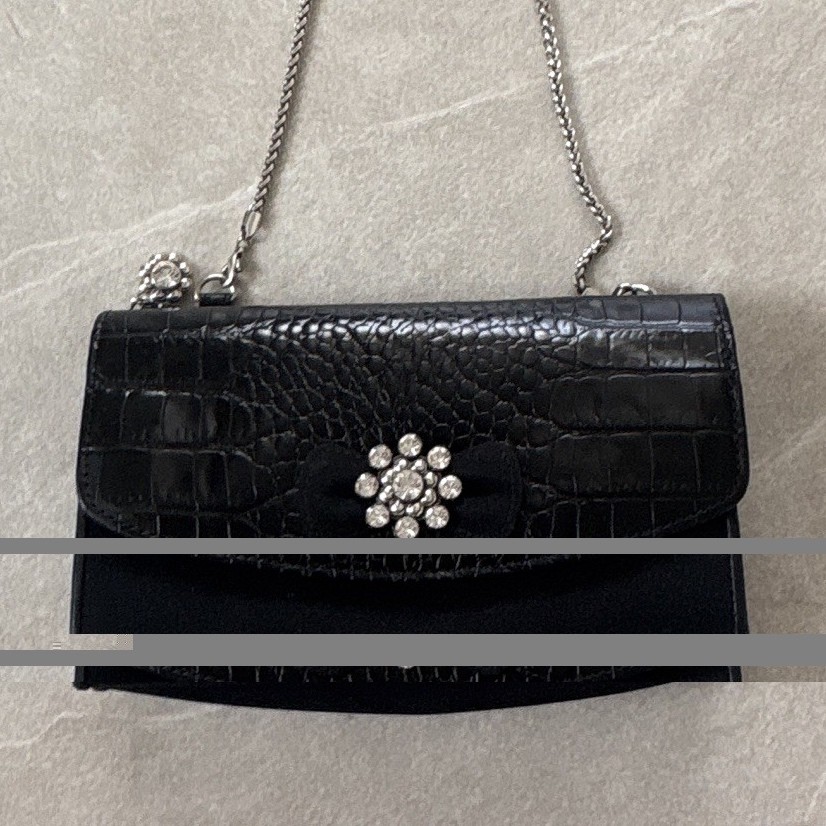 Brighton Black Croc Embossed Crossbody Clutch Chain Strap, Rhinestone Bow