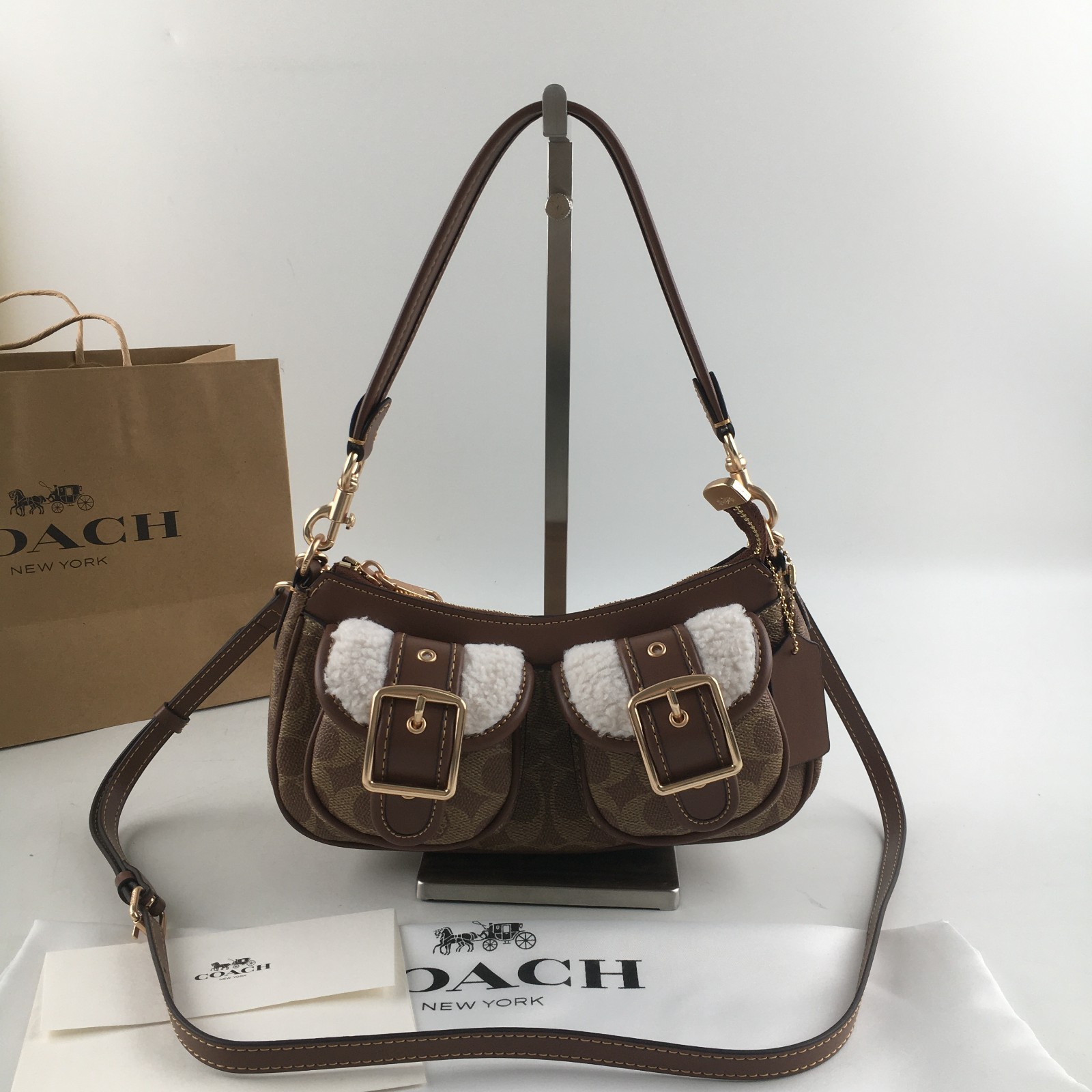 COACH Ashton Baguette Bag In Signature Canvas Tan/Natural CY658 Outlet NEW