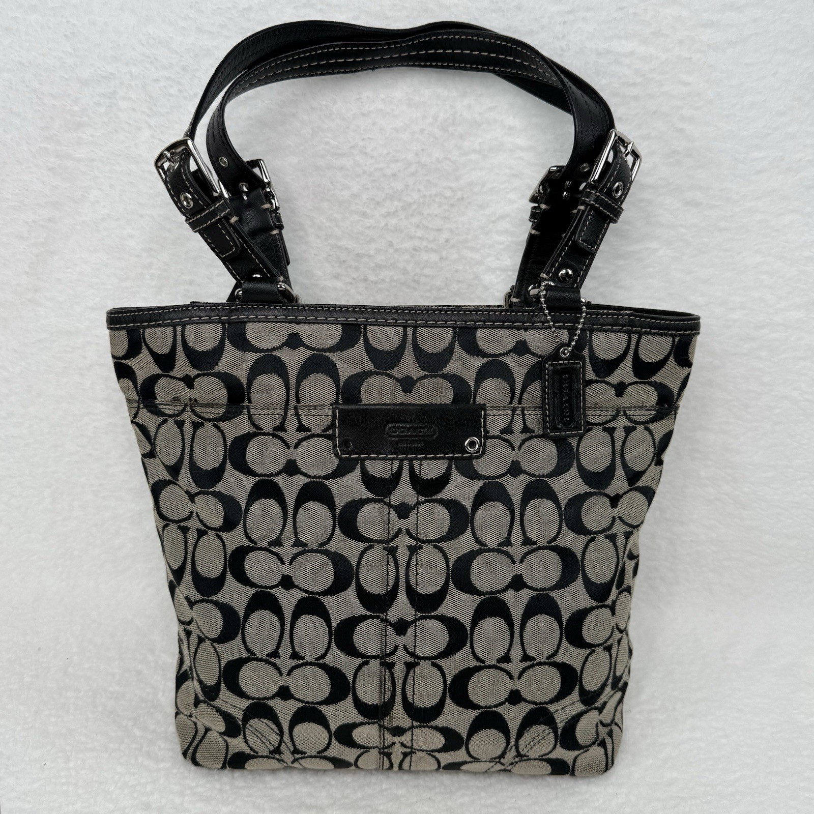 Coach Signature Hampton Jacquard Canvas Black Leather Trim F15664 Tan Logo Print