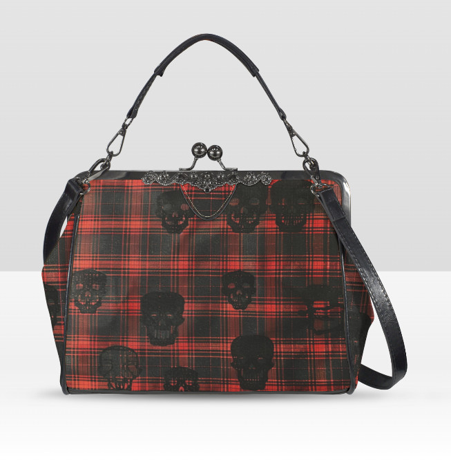 Victorian Gothic Red Plaid Skull Shoulder Cross Body Bag Satchel Holiday Gift