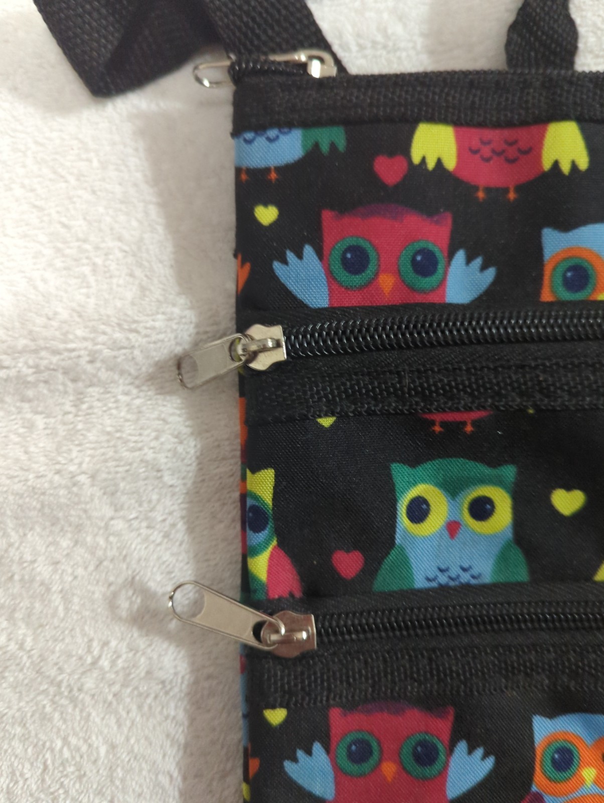 New Owl Print Crossbody Bag Multi Zip Canvas Shoulder Purse Travel Pouche Black