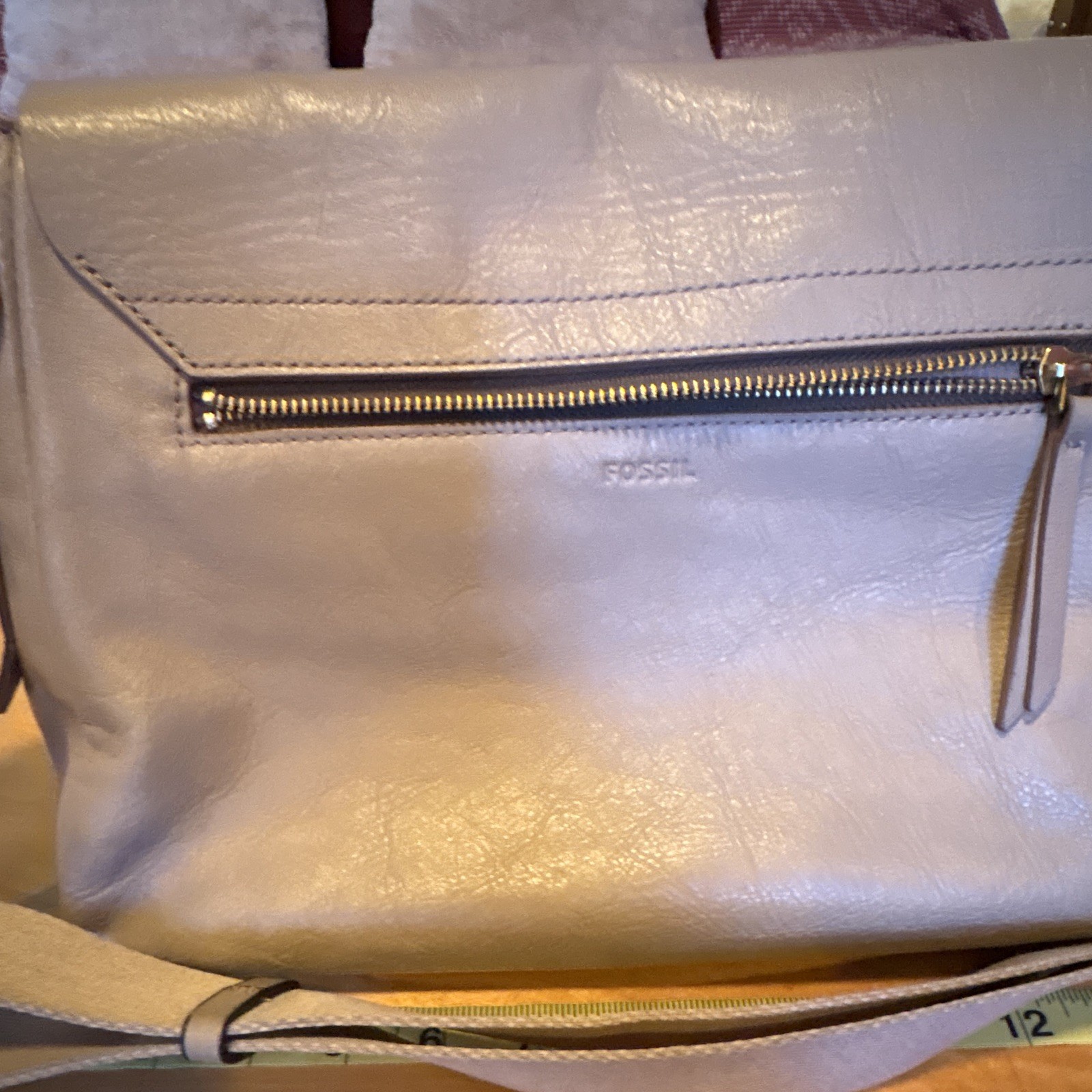 Fossil Beige Crossbody Bag Gold Hardware Turn Lock Flap Zip Strap Key Charm