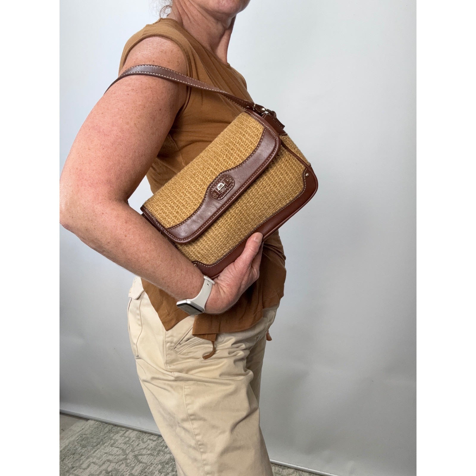 Etienne Aigner Brown Leather and Woven Straw Shoulder Bag Vintage Style Handbag