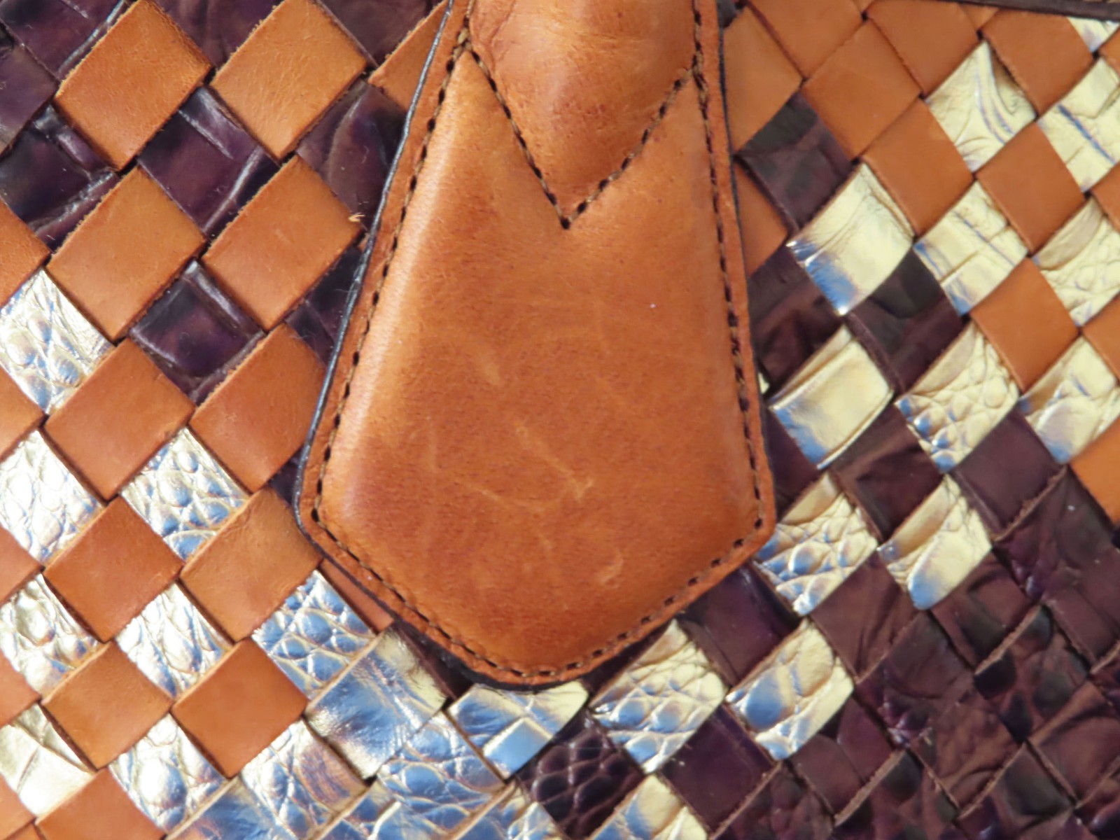 BRAHMIN Rare HAND WOVEN LEATHER RIO SASSY Brown Gold ANYTIME SHOULDER TOTE EUC
