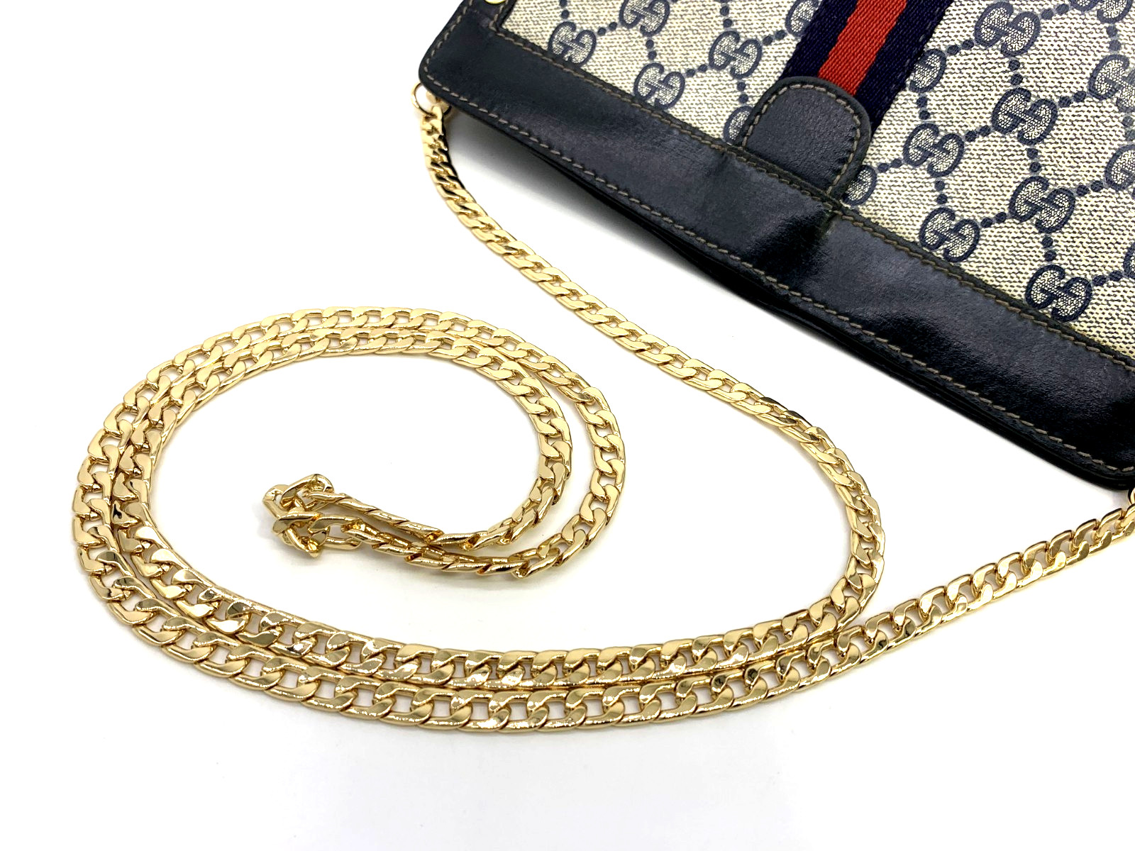 GUCCI VINTAGE GG Supreme Shoulder Bag Chain Strap Sherry Navy Classic Authentic
