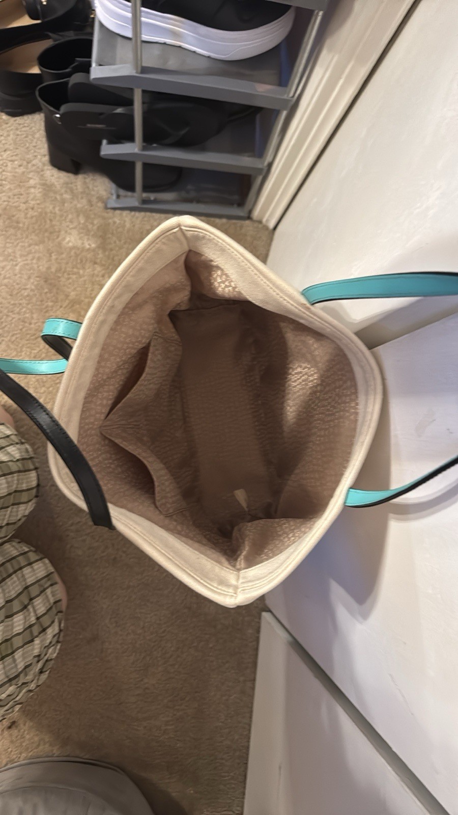 kate spade new york Colorblock Tote Bag Beige Teal Black Straps Open Top Logo