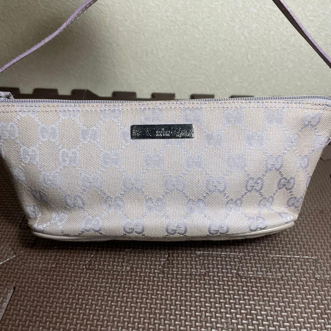 GUCCI GG Shoulder Hand Bag Ziplock Leather Canvas Lavender Silver Hardware Japan