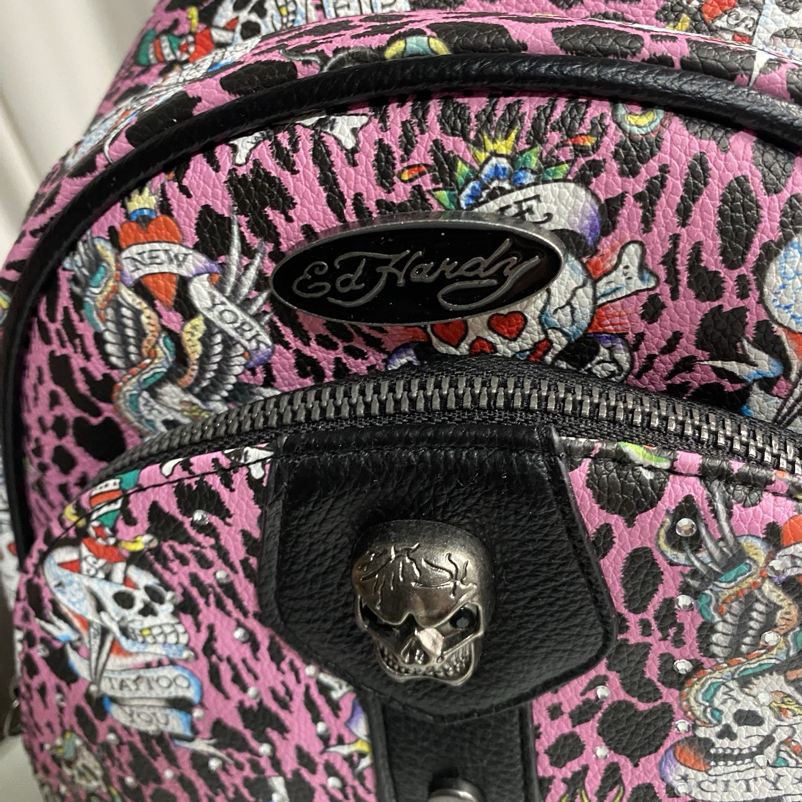Ed Hardy Pink/Black Leopard Tattoo Skull Small Mini Backpack Purse, Zip