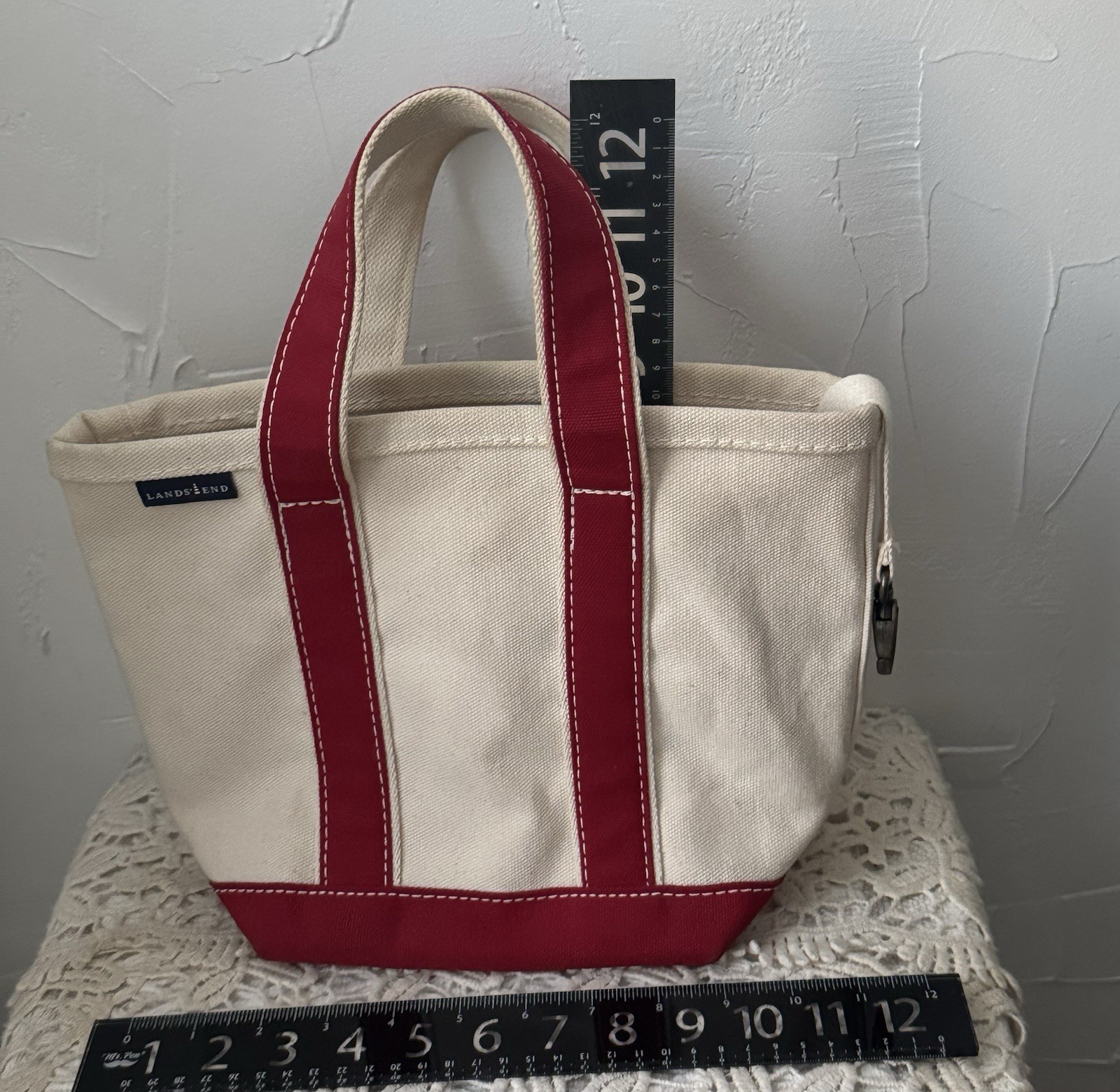 Lands End Canvas Tote Bag Mini Small Off White Cream Red Trim Handbag Purse Y2K