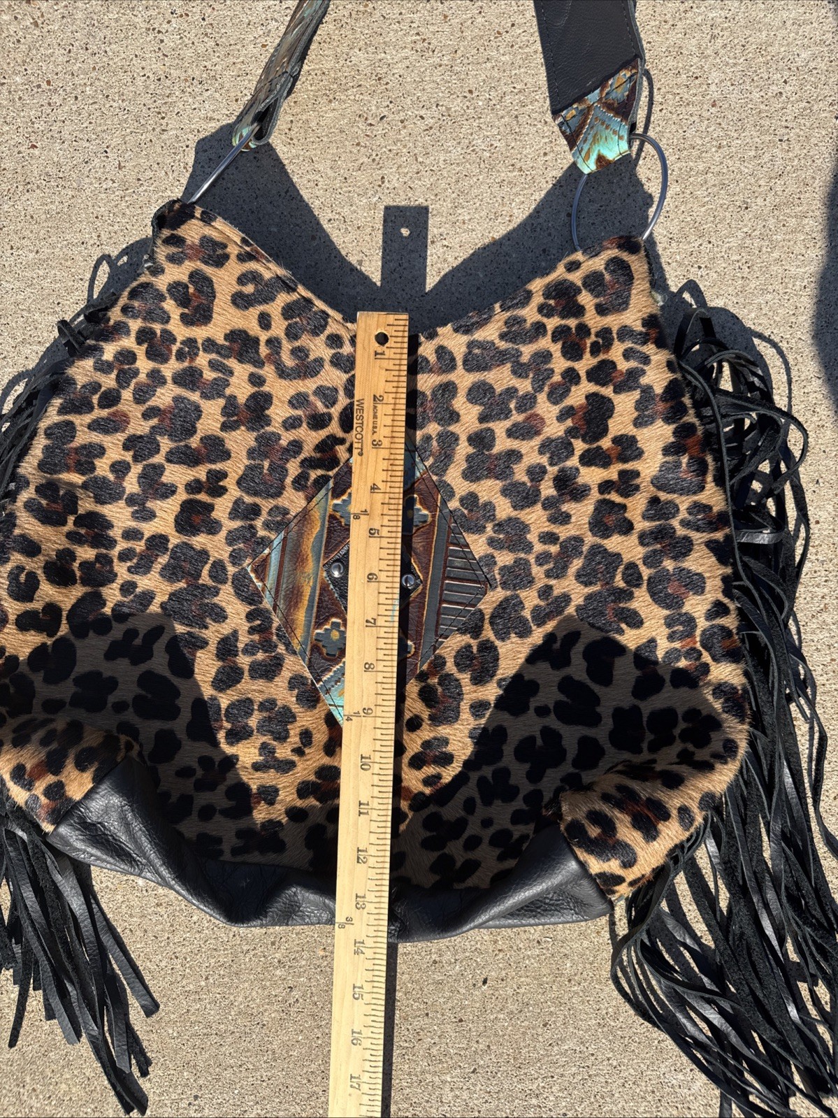 Rhinestone Cowgirl Hand Crafted Large Shoulder Bag Cow Hair Vegan Leather Fringe
