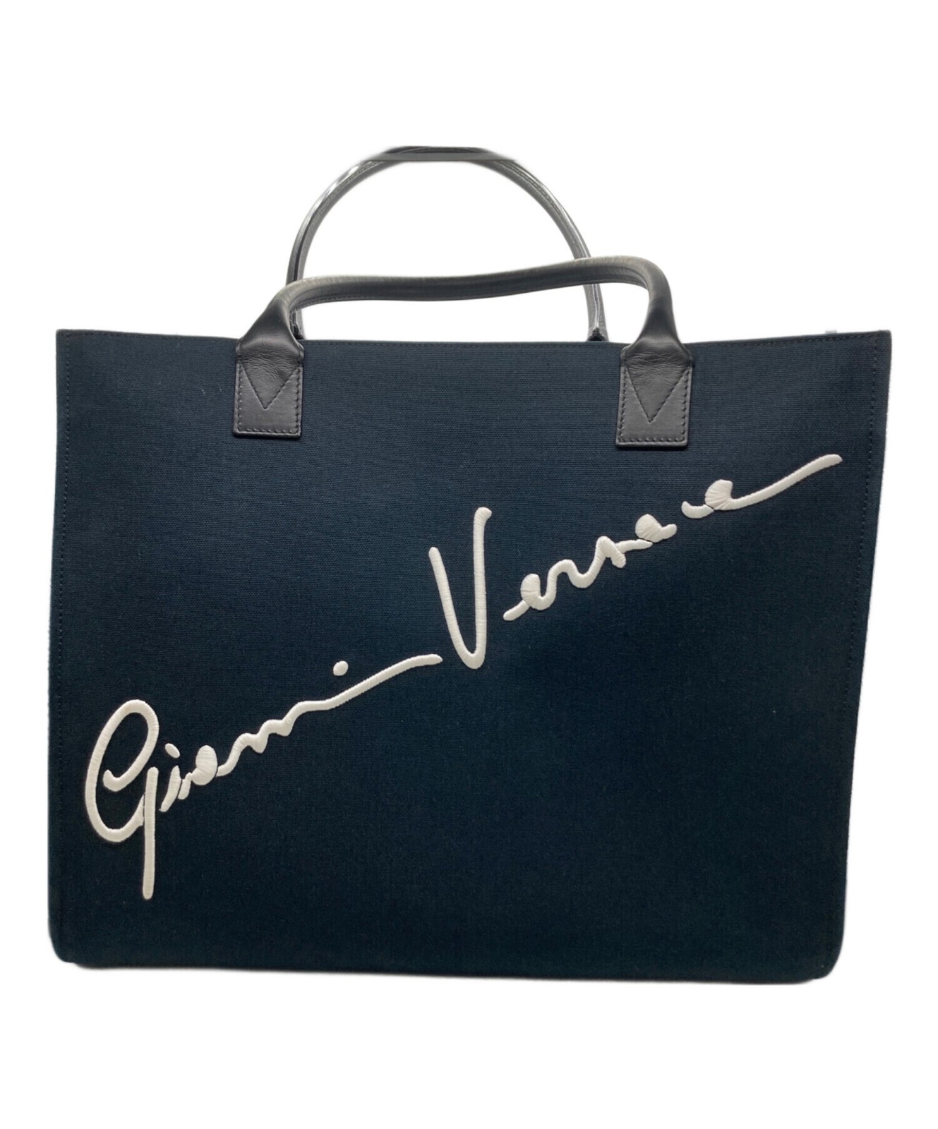 Versace Black Canvas Logo Tote Bag Women Large Woven Double Handle 41.5cm