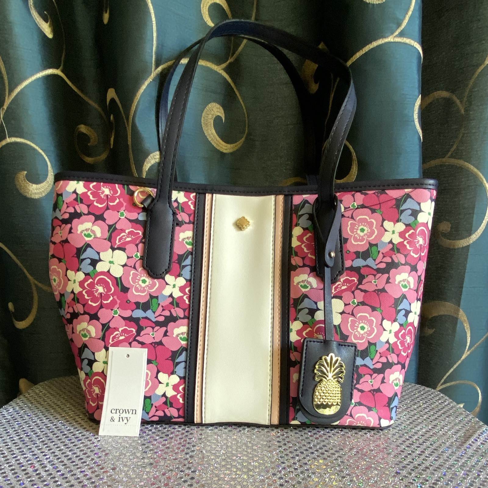 Crown & Ivy Floral Zip-Top Tote, Large Pink Navy White, Pineapple Charm