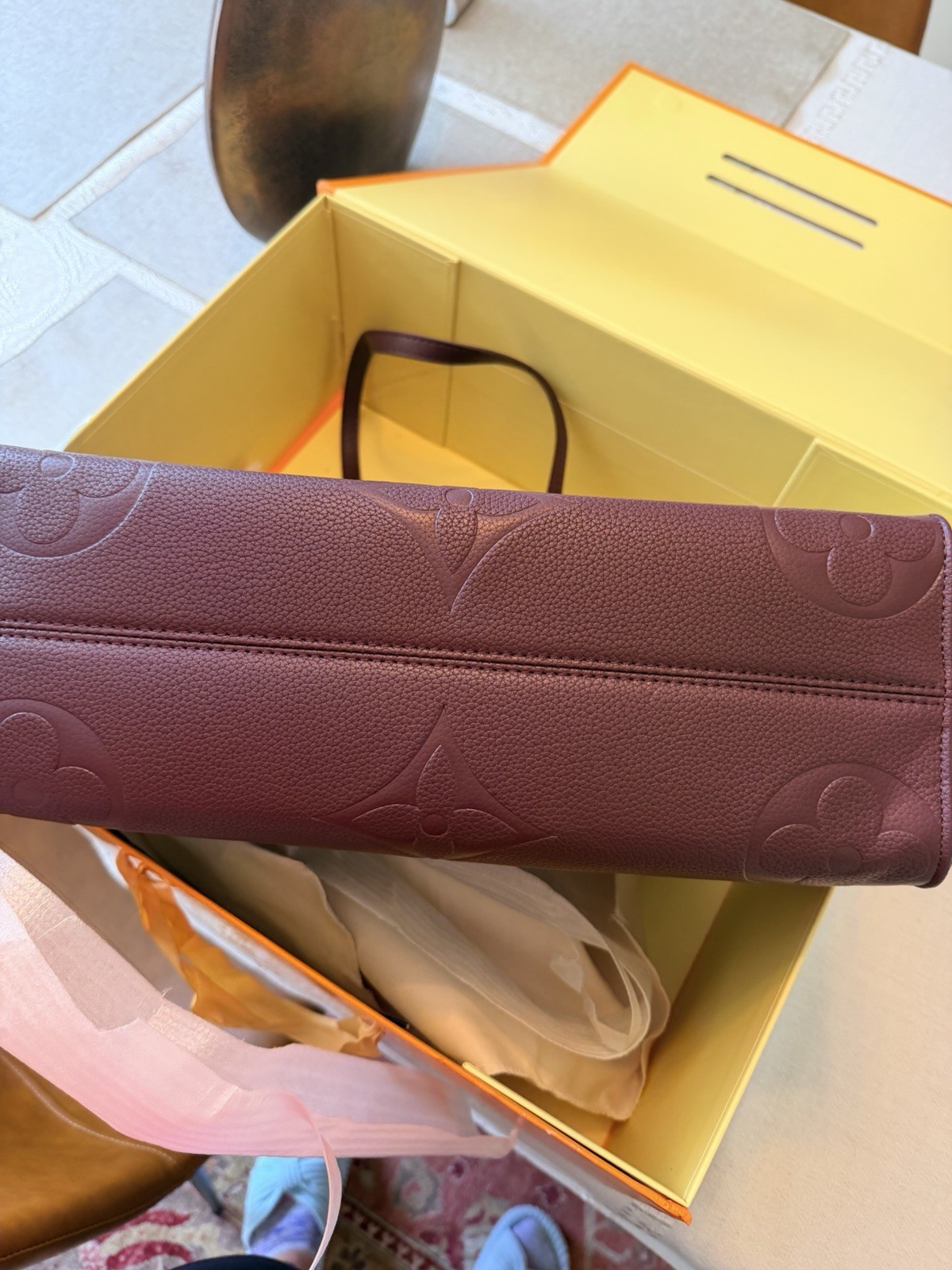 Louis Vuitton OnTheGo Medium Burgundy Monogram Embossed Tote Strap Box