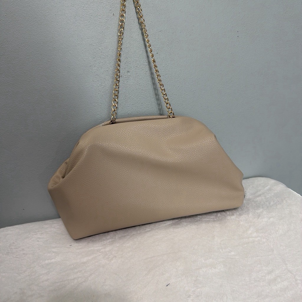 A new day Beige Pebbled Shoulder Bag w/ Gold Chain Strap, Detachable Strap, Zip
