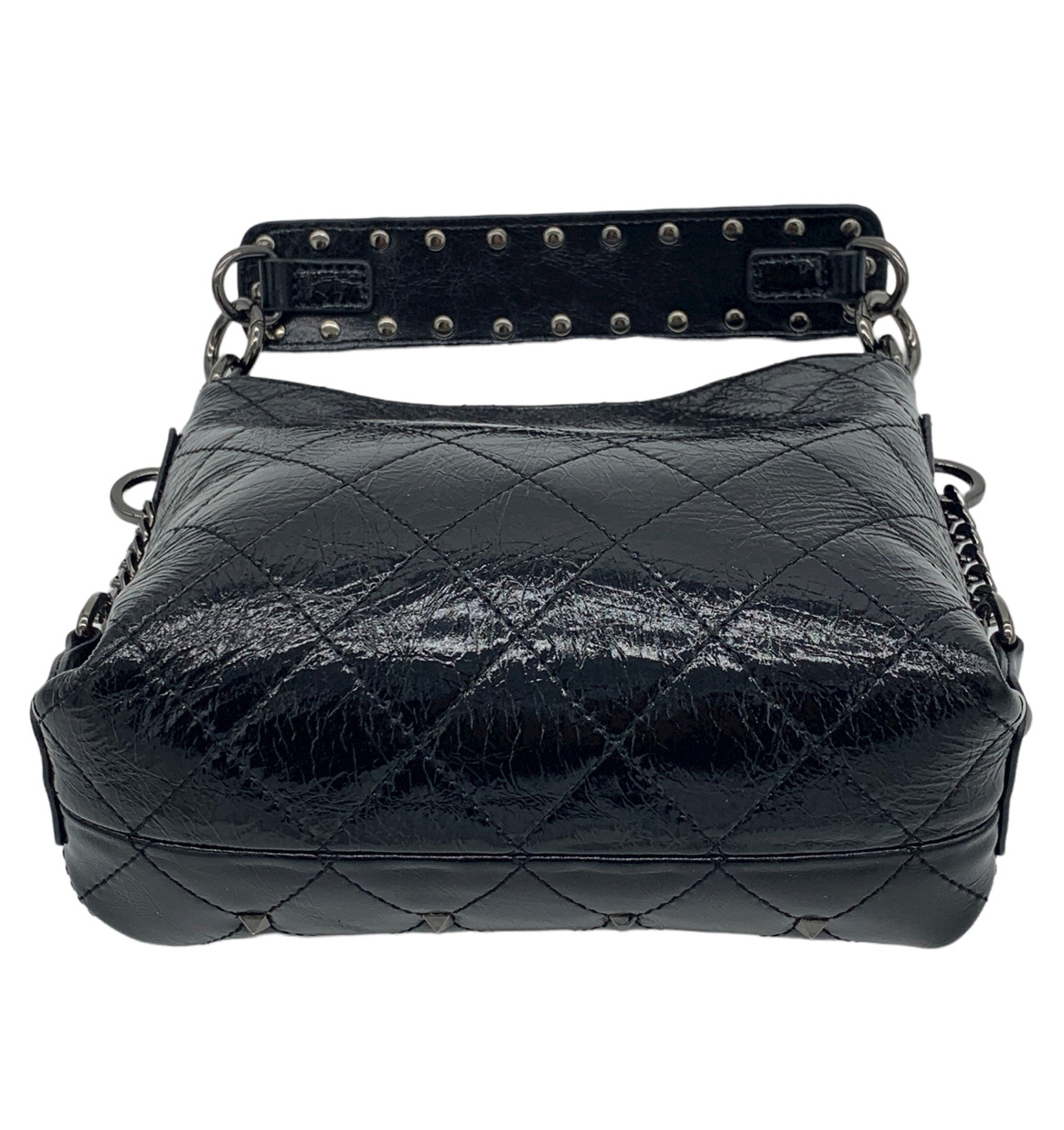 Genuine Leather Handbag/Studded Quilted Crinkled Black Leather