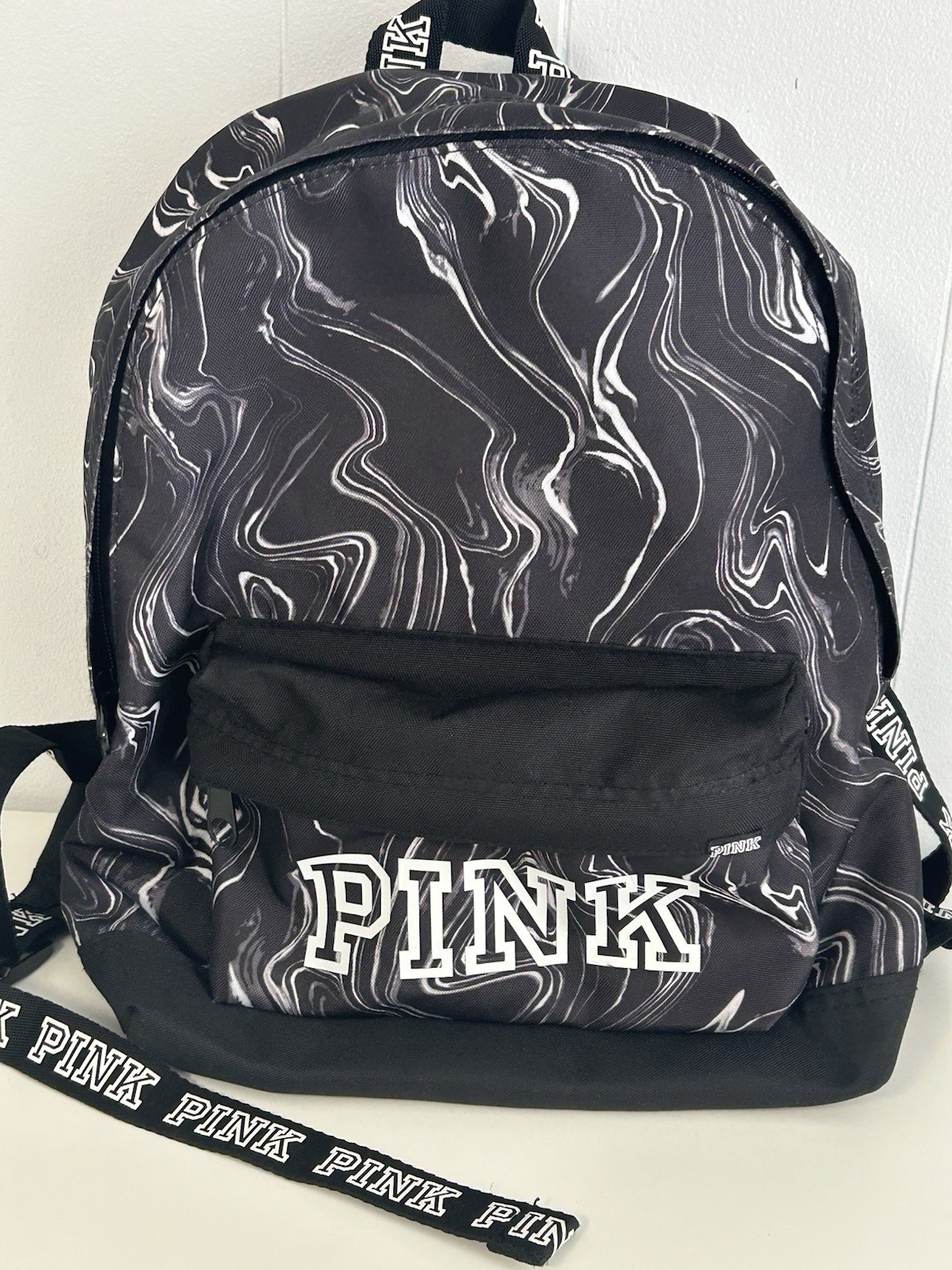 VS Pink Bookbag Backpack Victoria’s Secret Black Marbled Logo Medium EUC 2018