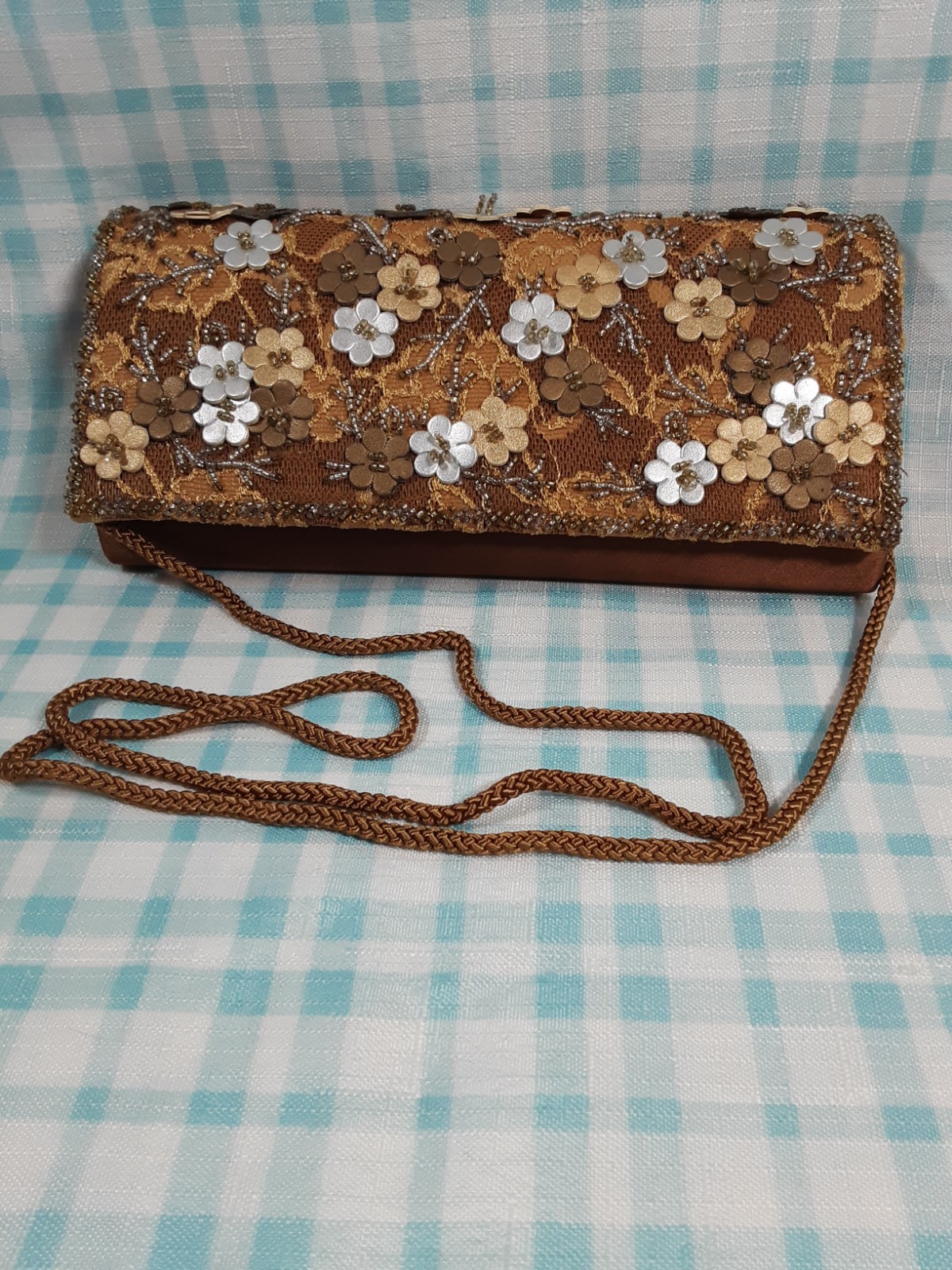 Valerie Stevens Gold Copper Silver Flowers Beaded Evening Bag Shoulder Clutch