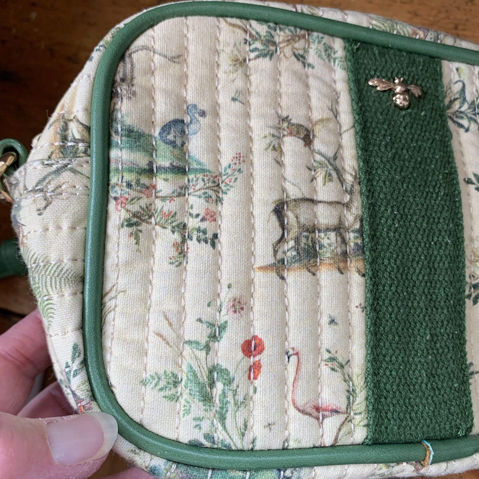 FABLE England Quilted Forest Animals Print Kelly Green Crossbody Bag Purse Small