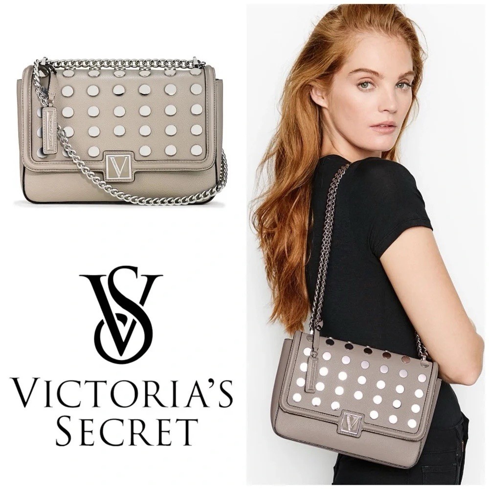 Victoria’s Secret The Victoria Medium Shoulder Bag Grey Mixed Stud Silver NWOT
