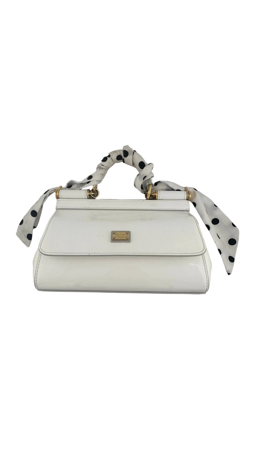 DOLCE & GABBANA – Sicily Mini White Patent Leather Bag with Polka Dot Scarf