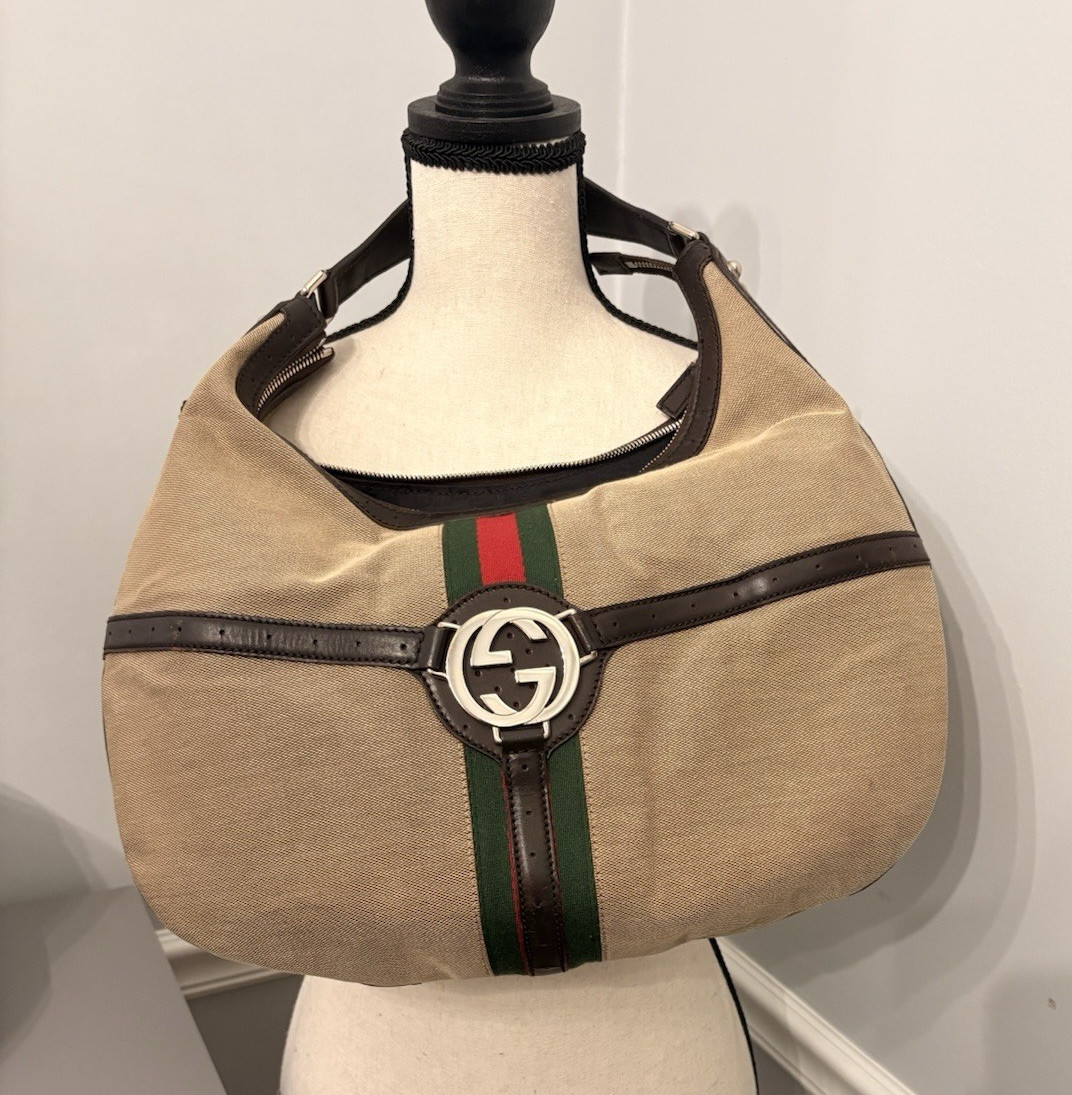 Gucci Beige Web Stripe GG Logo Crescent Shoulder Bag Brown Strap Zip Lined
