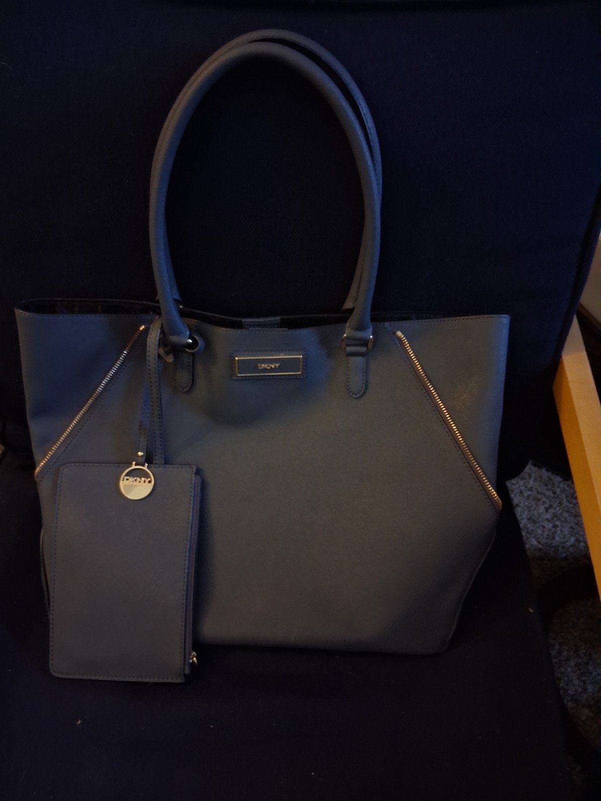 Large Tote Bag, Women’s DKNY Blue /Gray. 18 inch. LEATHER.