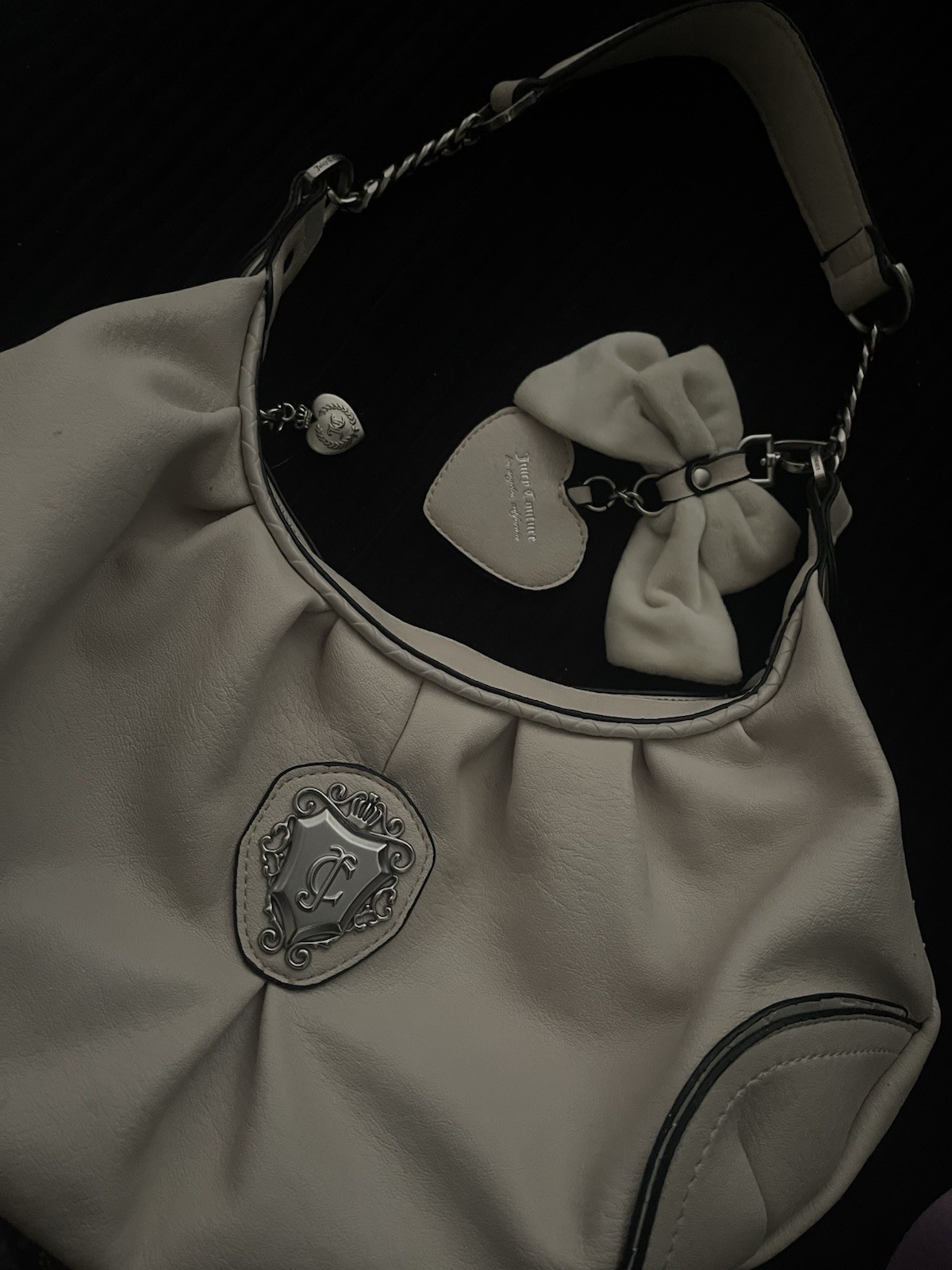 Juicy Couture Cream Crescent Hobo Shoulder Bag Bow/Chain Logo, Mirror Charm
