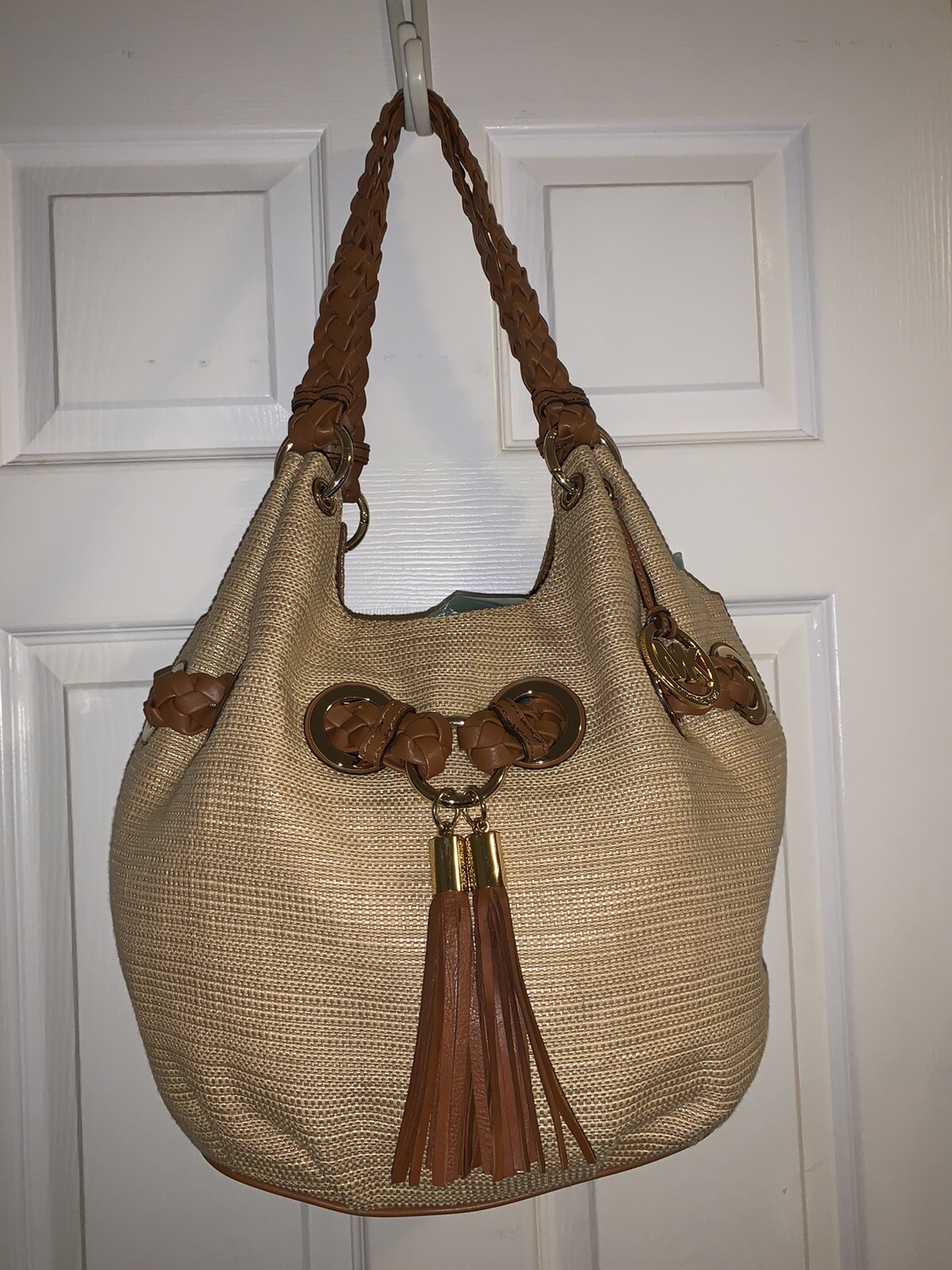 MICHAEL KORS STRAW TOTE BRAIDED STRAP GROMMET BAG Large LUGGAGE/GOLD/NATURAL