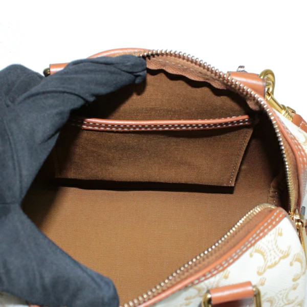 Celine Triomphe Small Boston Canvas Calfskin White Brown 197582 from Japan #188