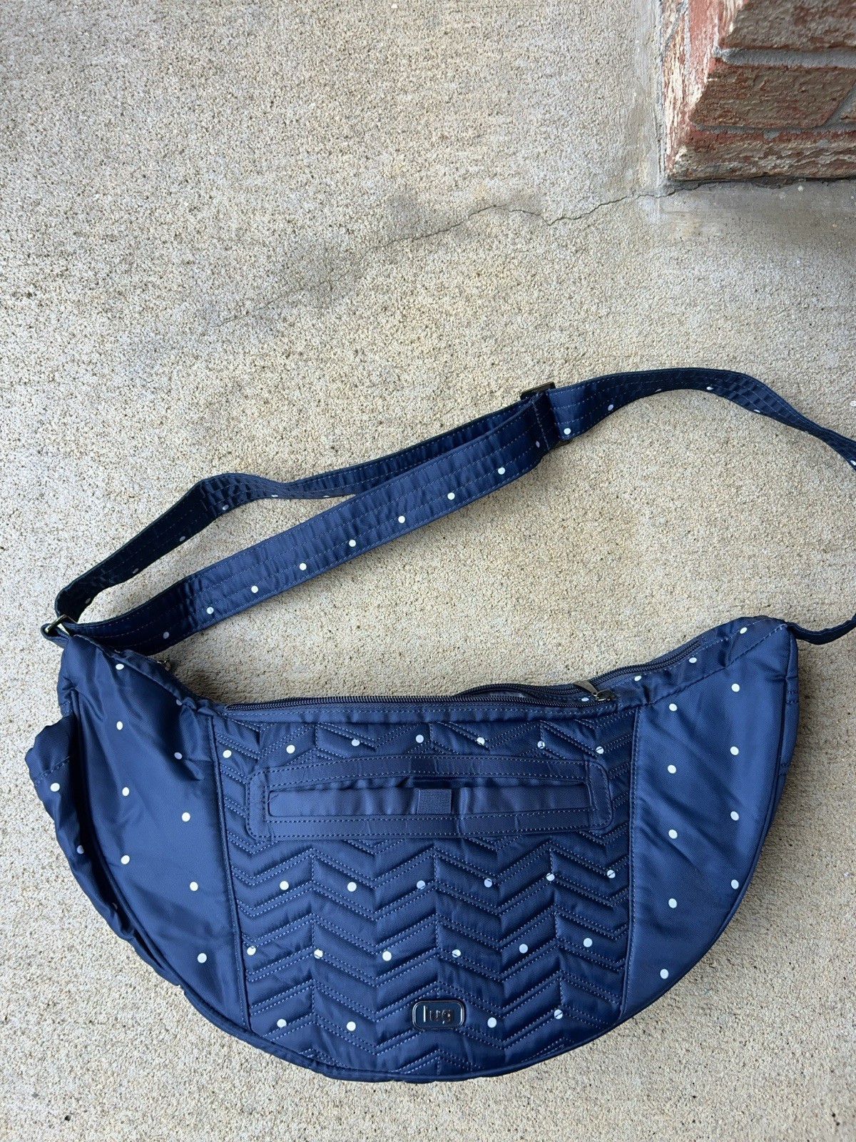 Huge Lug Boomerang Freestyle Sling Bag Navy Blue Polka dots Crossbody