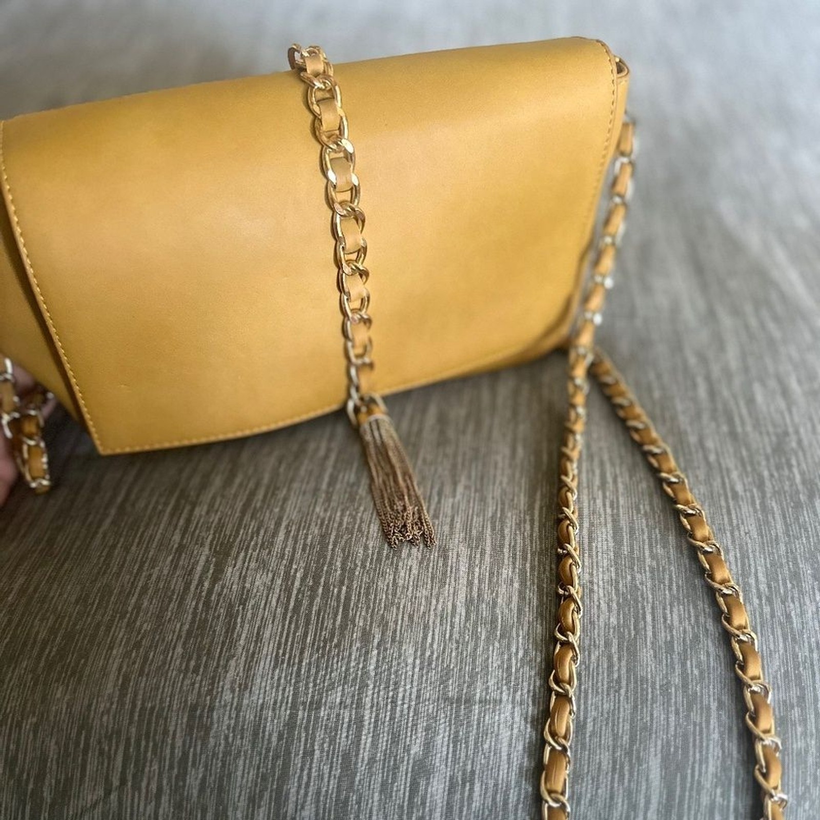 JustFab Tan Faux Suede Shoulder Bag w/Gold Tassel and Chain Hardware