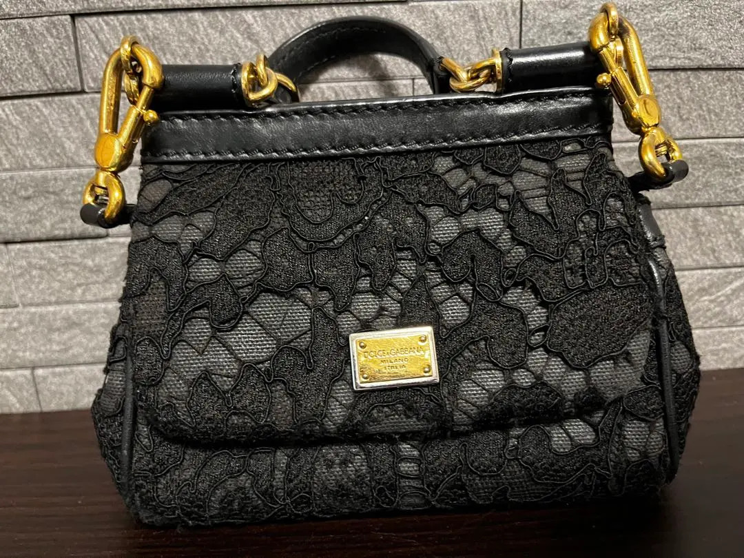Dolce Gabbana Sicily Mini Bag Black Lace Gold Hardware 2Way Crossbody Used