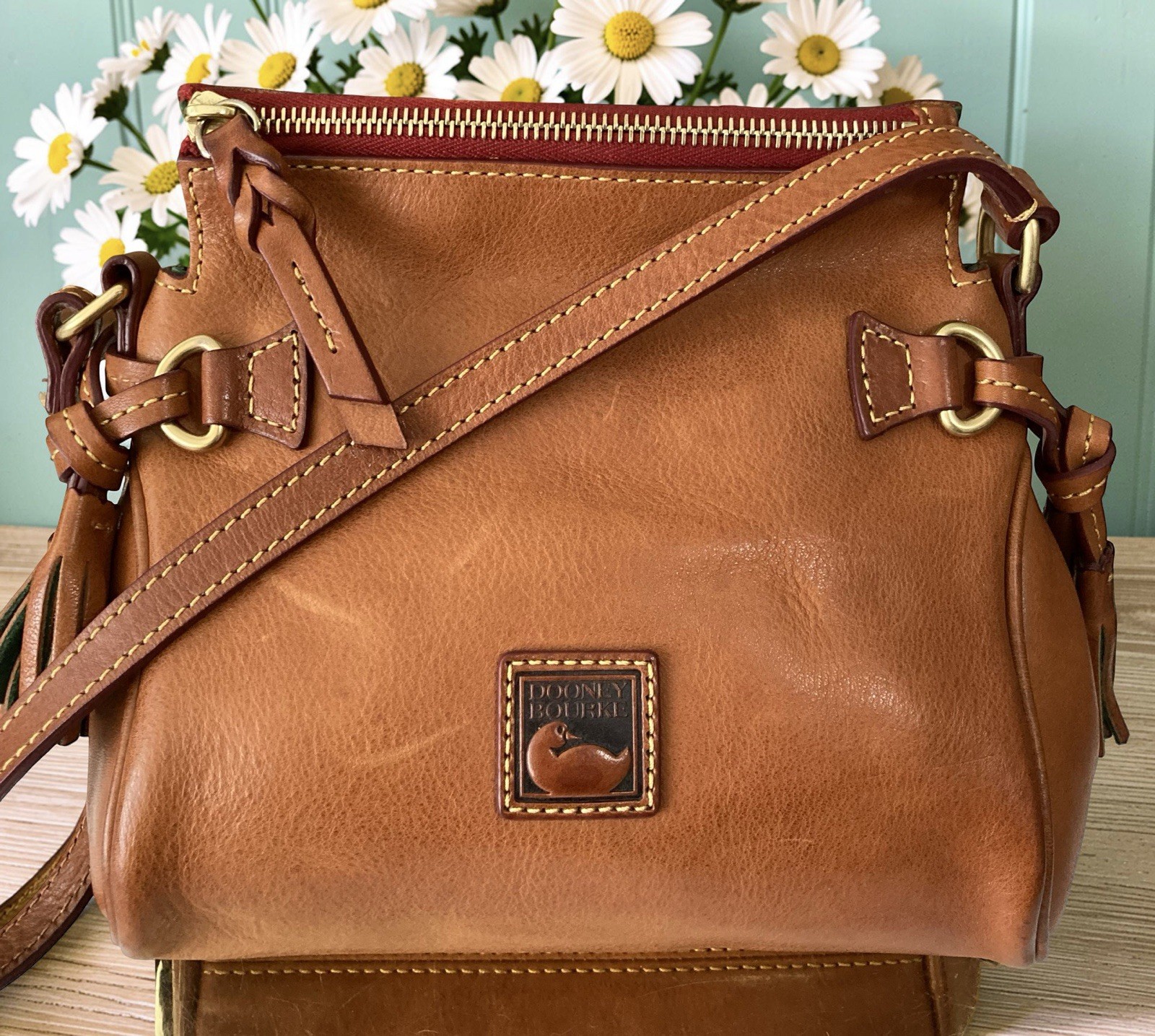 Dooney Bourke Natural Brown Florentine Leather Mini Zip Shoulder Bag Purse