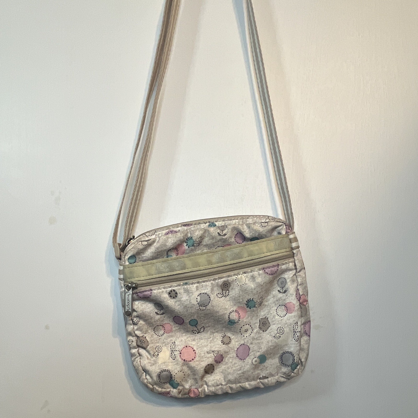 LeSportsac Gray & Polka Dot Flower Small Crossbody/Shoulder Bag Adjustable Strap