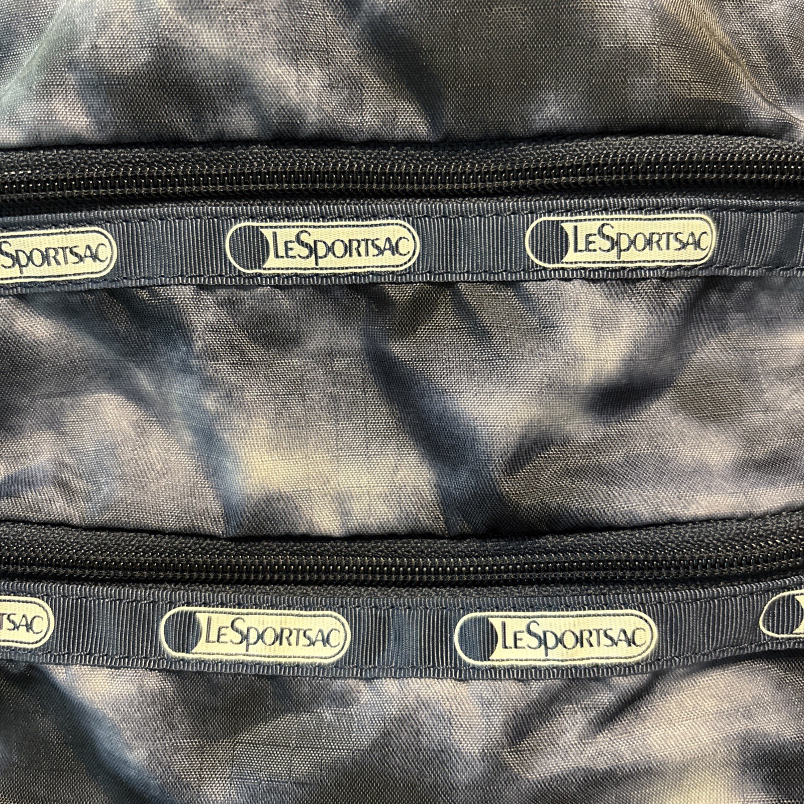 LeSportsac Logo 3-Zip Crossbody Black Bag with Adjustable Strap Navy Tie Died