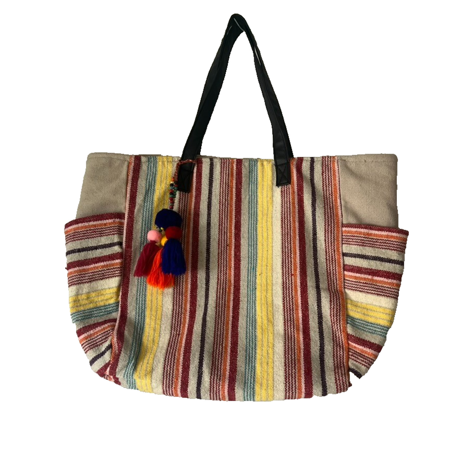 No Boundaries Caroline Multi Striped Boho Woven Cooler Tote Bag with Tassels