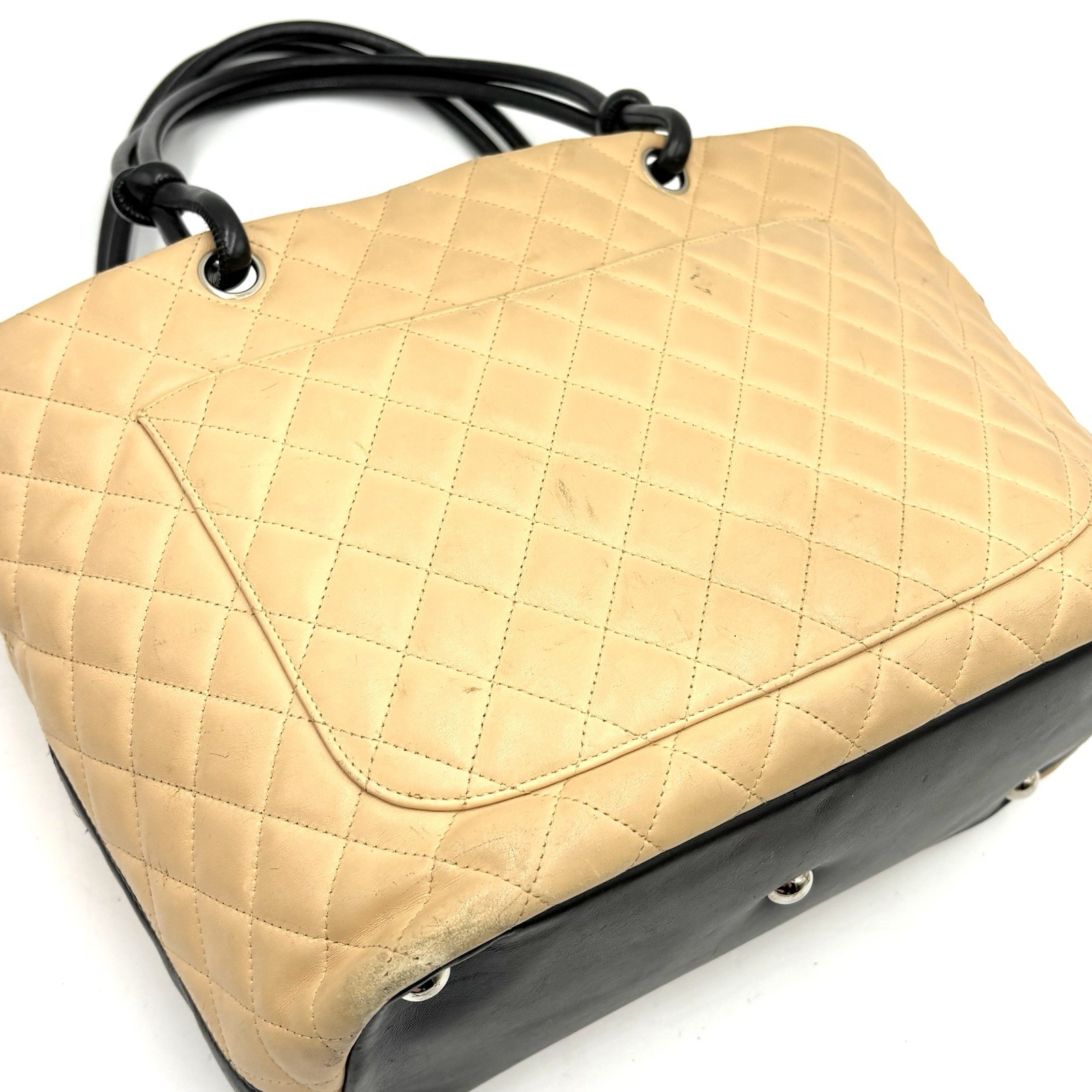 Auth CHANEL Cambon Line Large Tote Bag Beige Black Serial Sticker 2Y8885