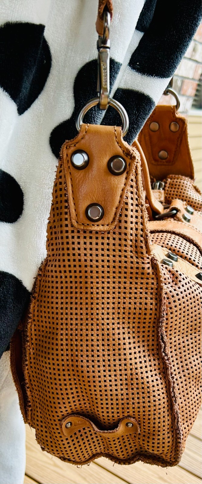 LINEA PELLE Collection BROWN Perforated RAW Edge LEATHER Crossbody SATCHEL Bag