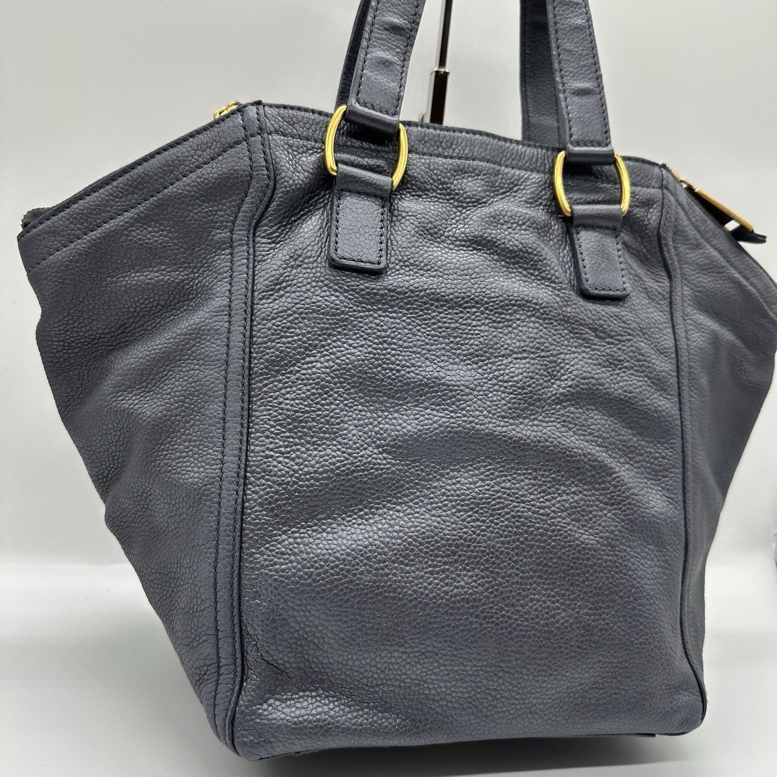 Yves Saint Laurent Rive Gauche Downtown Tote Shoulder Bag YSL Navy Leather Auth!