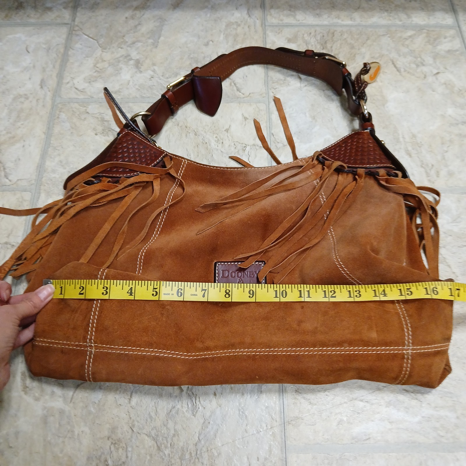 Dooney & Bourke Suede Fringe Hobo Bag Brown Heart Leather Duck Charm Y2K