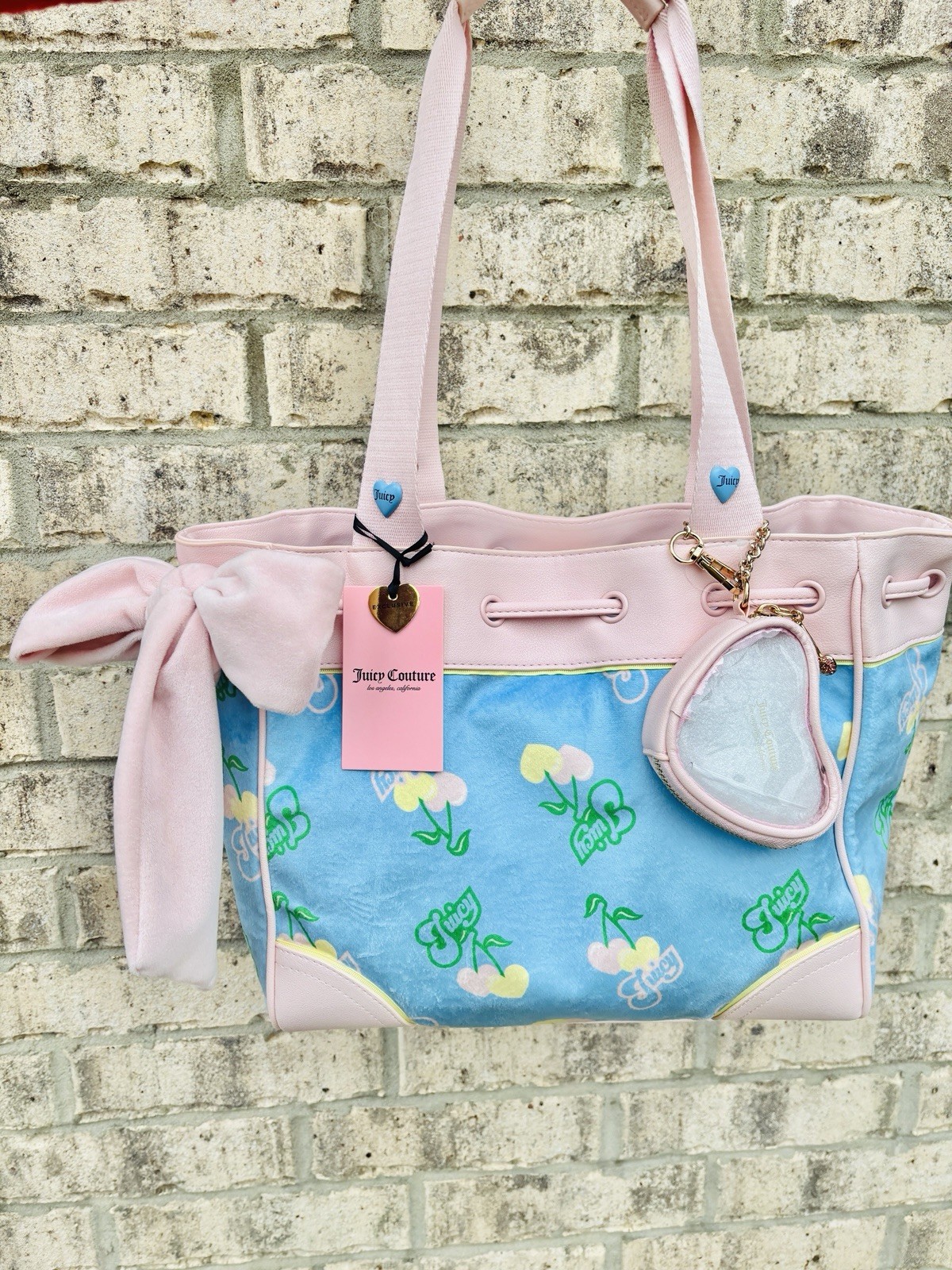 Juicy Couture Daydreamer Retro Cherry Tote Bag Pink and Blue NWT Rare Velvet