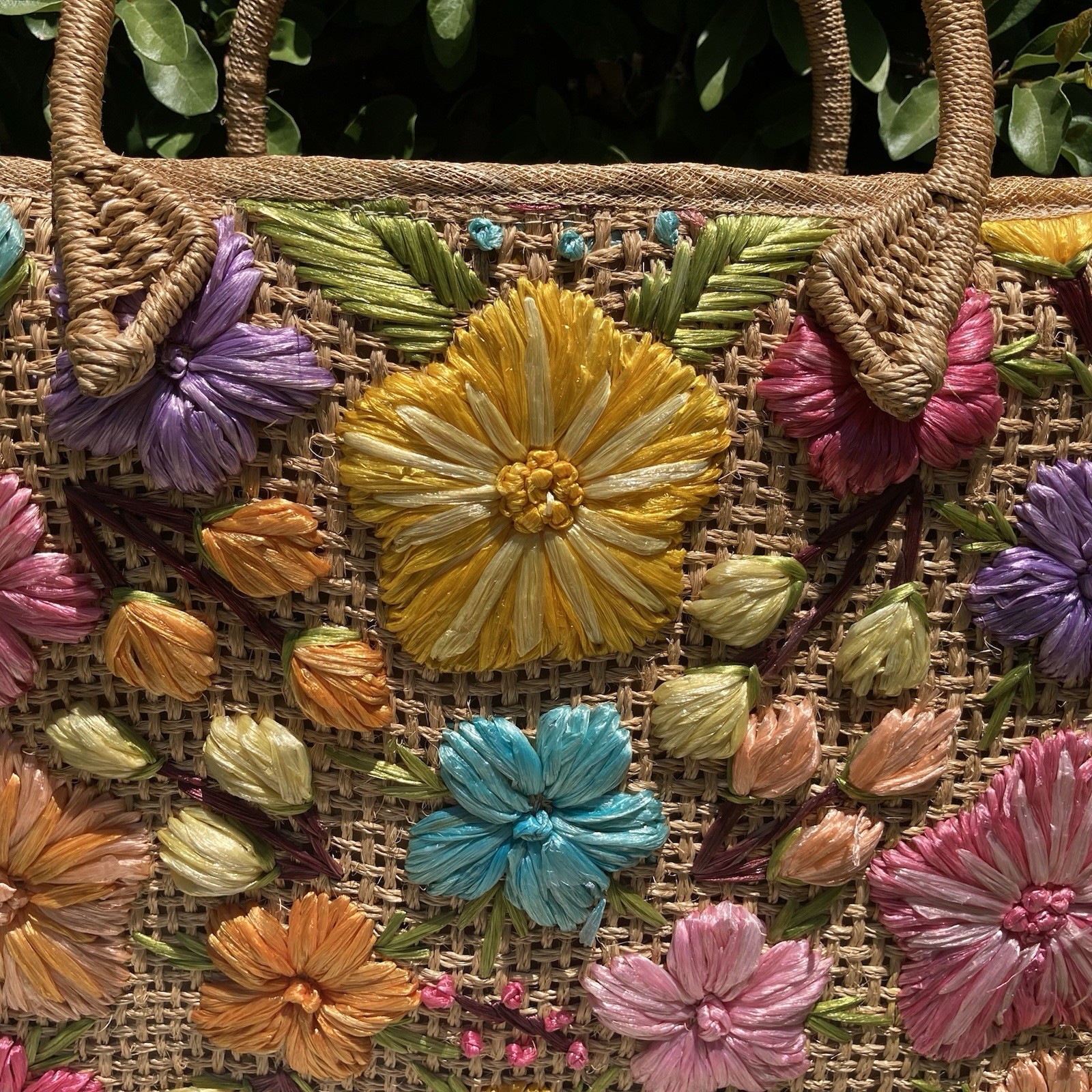 Woven Straw Raffia Floral Embroidered VTG Tote Bag Beach Boho 18″ x 13″