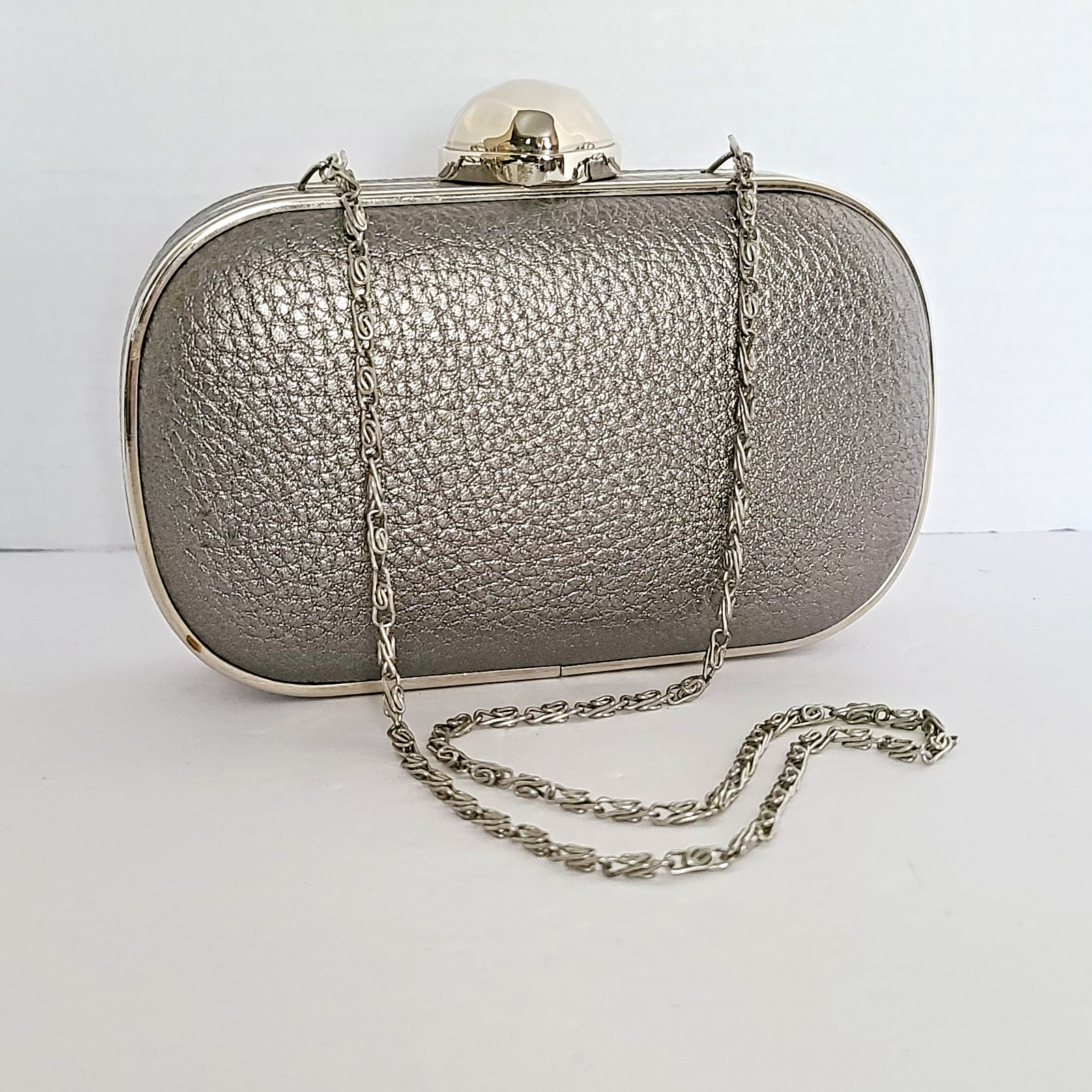 Lulu Townsend Hard Shell Purse Silver Clutch w/ Chain Vegan Leather Prom