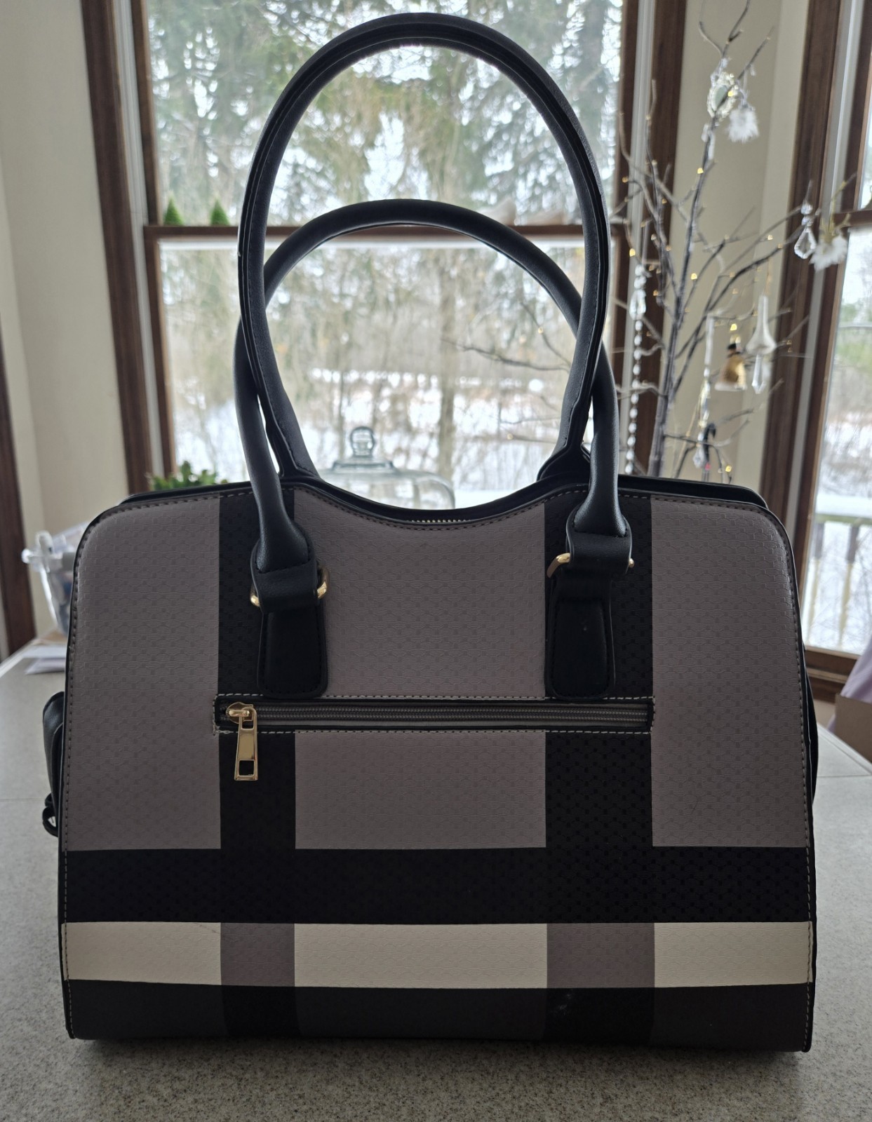 Calista Vegan Leather Satchel Gray & Black Plaid Tote W/ Gold Accents Zip Close