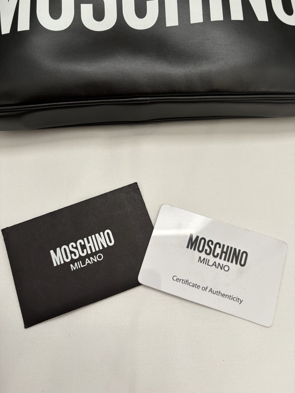 Authentic Moschino Logo-Print Wristlet Crossbody Pouch Bag Black White Leather