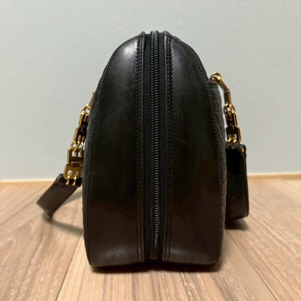 BALLY B-Logo Chain Handle Quilting Leather Mini Boston Bag Handbag Y2K