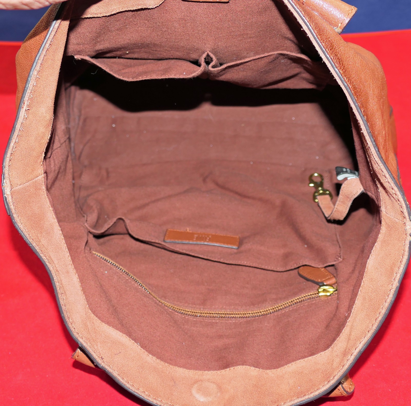 FRYE COGNAC LEATHER DUAL-HANDLE MAGNETIC-CLOSURE FABRIC LINED BRASS~TRIM BAG