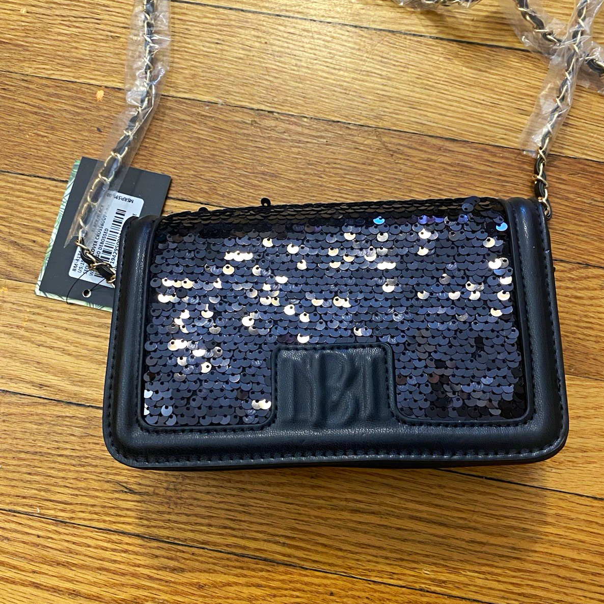Badgley Mischka Women’s Black Sequin Crossbody Bag Chain Strap Zip Gold