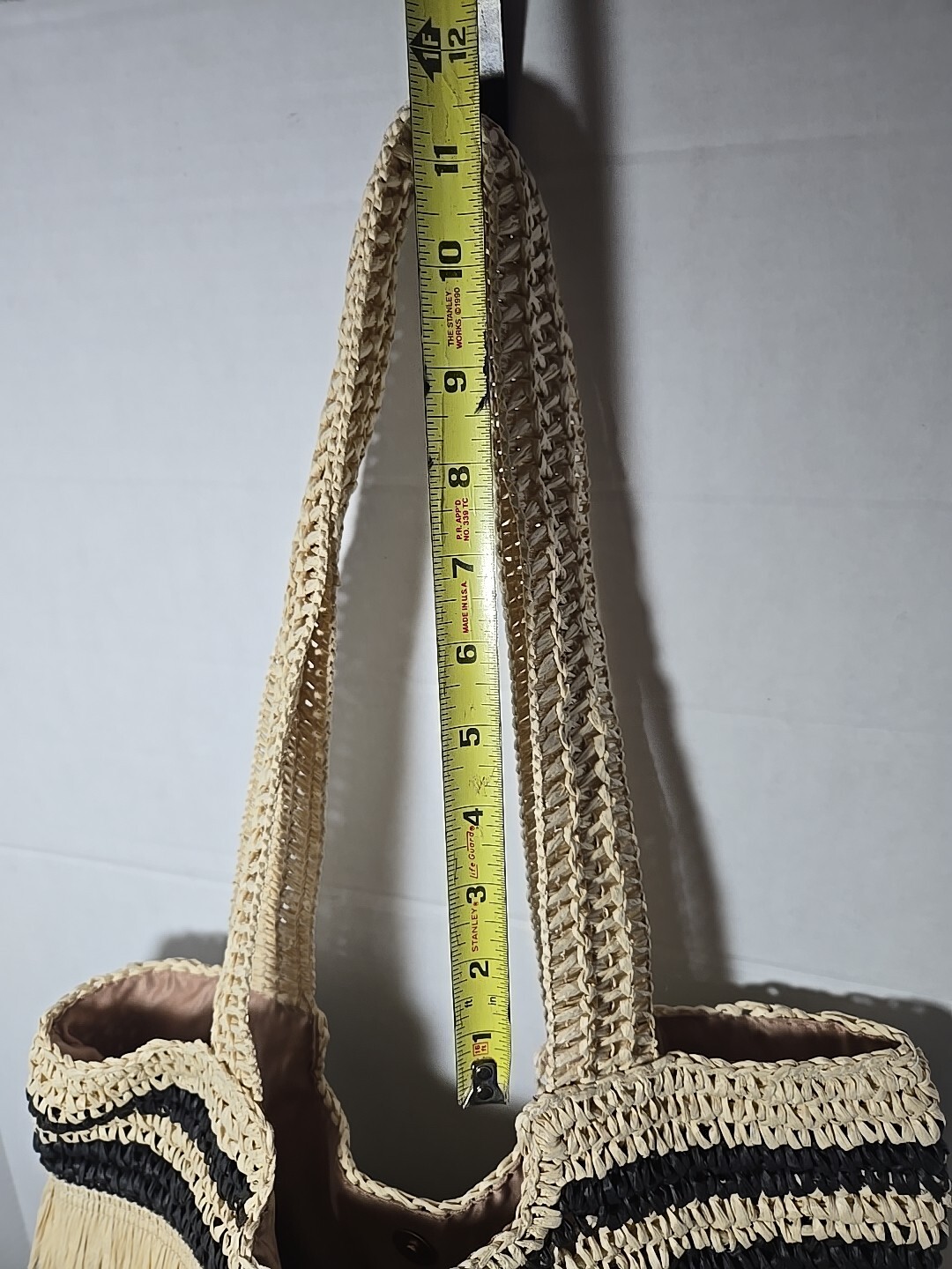 Woven Stripe Straw Tote Bag with Fringe Natural/Black Stripe 16 x 16